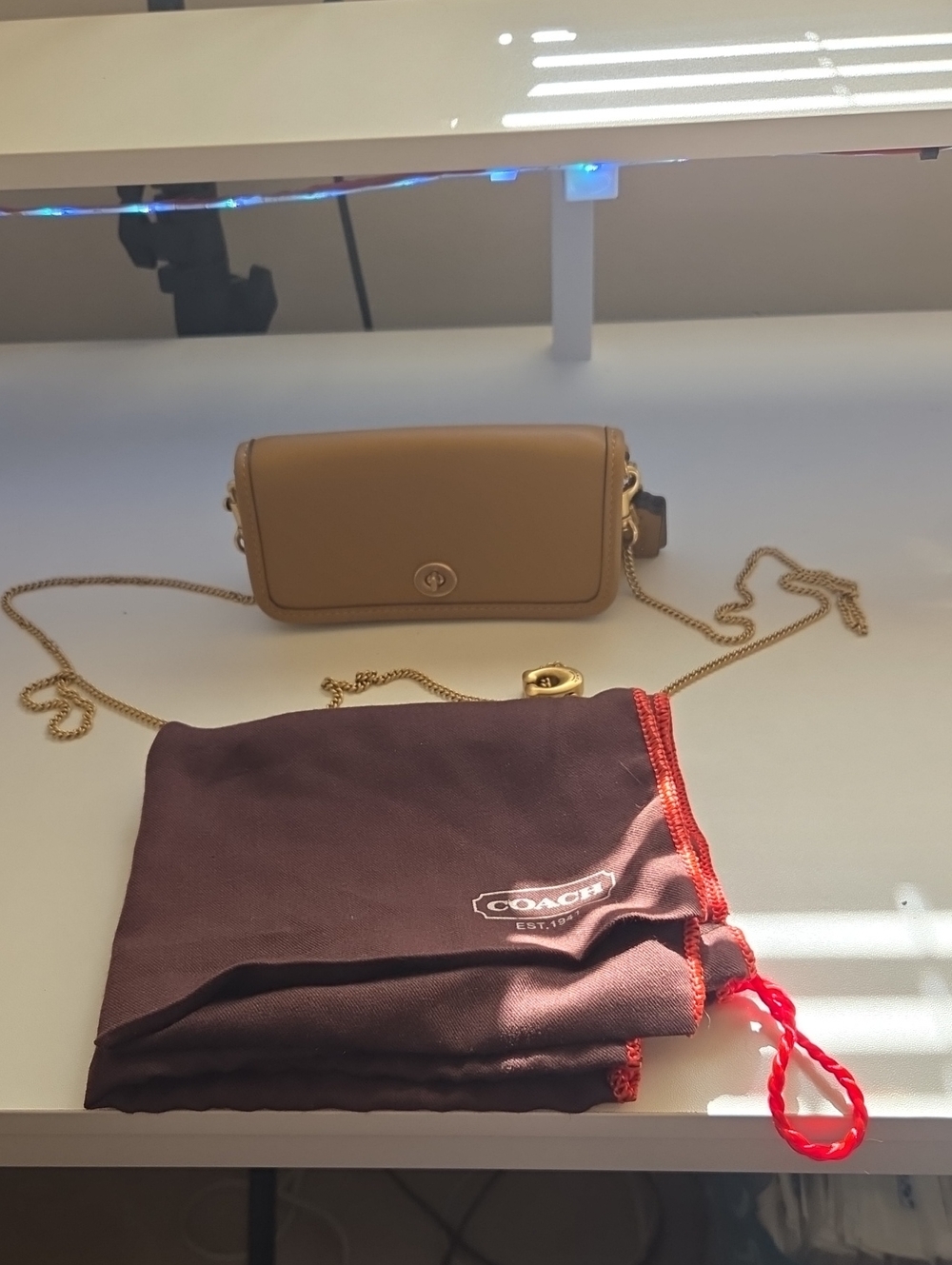 Coach Dinky Limited Re-edition Camel Leather Crossbody Bag with Gold Chain